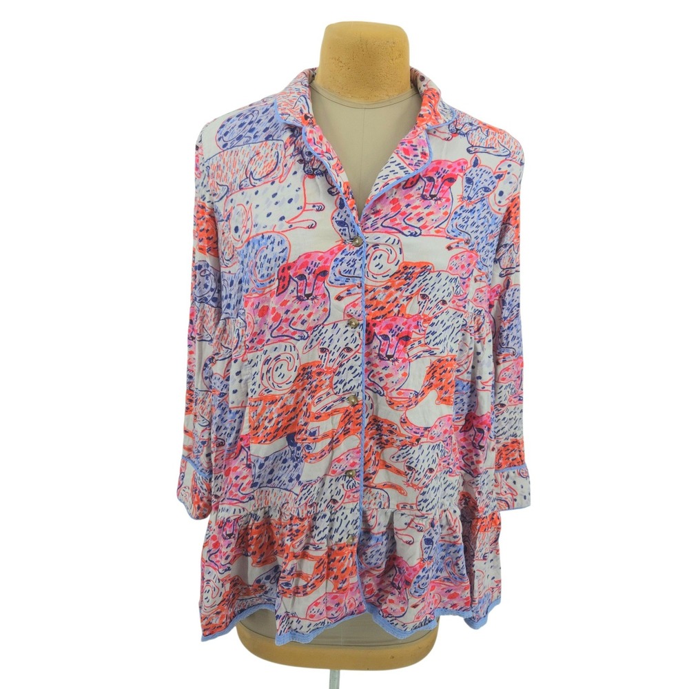 Olivia Wendel Anthropologie Flannel Sleep Top Cats Dogs Pattern Pink Blue Medium